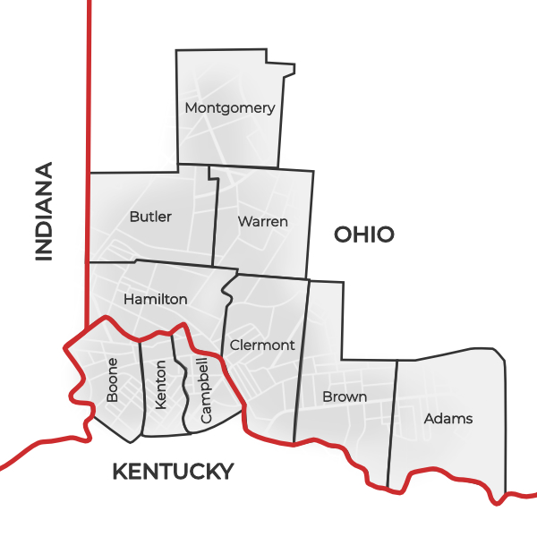 Our Catchment Area includes 10 counties: Montgomery, Butler, Warren, Hamilton, Clermont, Brown, Adams, Boone, Kenton & Campbell.