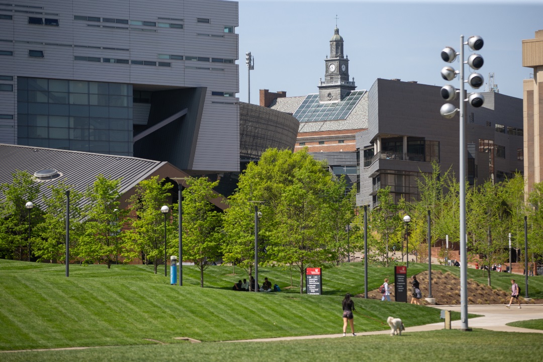 greenspace at the university of cincinnati with a person walking their dog, a group of people sitting and others walking