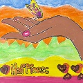 a hand holding a butterfly with various colors around it and hearts with the word happiness