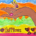 A hand holding a butterfly with various colors around it and hearts with the word happiness