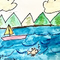 a lake with green mountains and clouds, in the water is a sailboat and fish with the words surfs up!