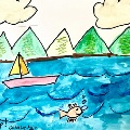 a lake with green mountains and clouds, in the water is a sailboat and fish with the words surfs up!