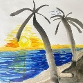 A beach scene with palm trees, sunset, and water