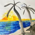 A beach scene with palm trees, sunset, and water
