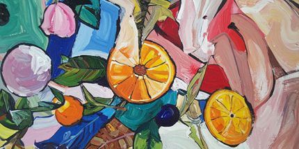 a painting of fruit and flowers