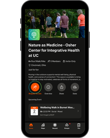 a phone with the strava nature as medicine group page