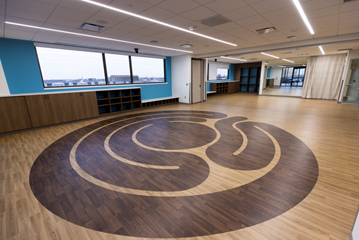 wellness studio with inlaid labyrinth floor