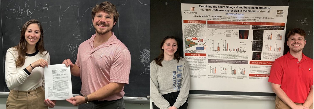 photo of Kelly Bosis and Alex Kuhn beside poster and with publication